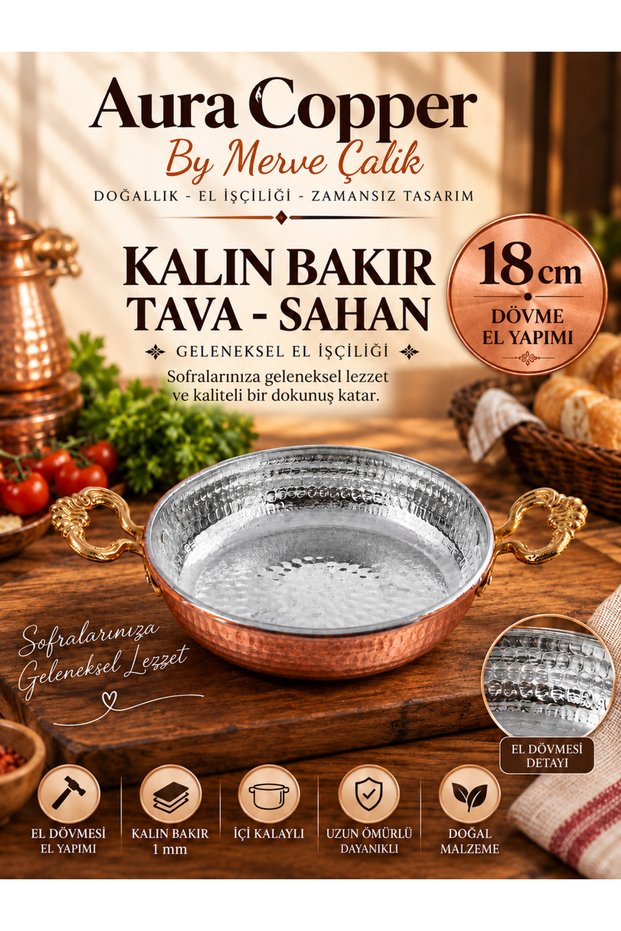Thick Copper Pan with Hand Engraving, 1 Mm, Tin Inside, Double Handle, Tv-00002-18 cm