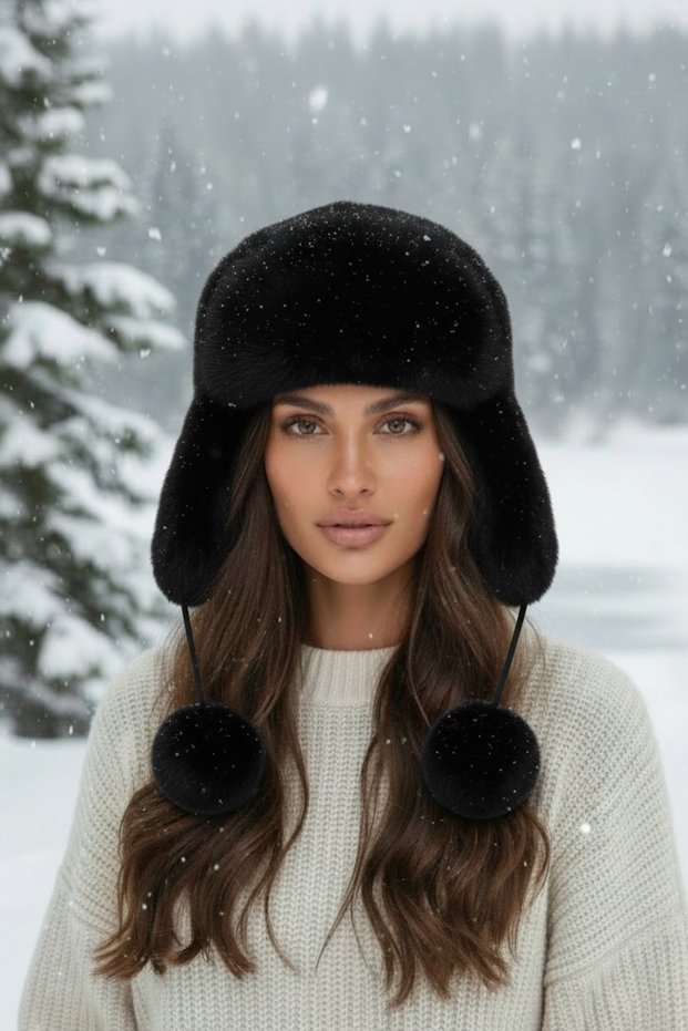 Women's Faux Fur Pompom Winter Pilot Hat with Earflaps