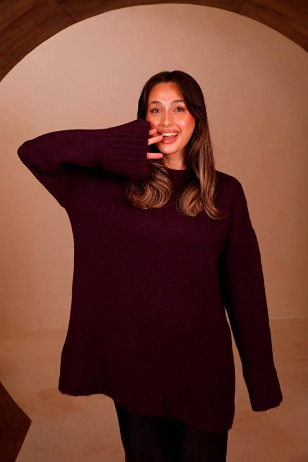 Women's Crew Neck Loose Cut Basic Soft Knitwear Tunic 8560 Plum