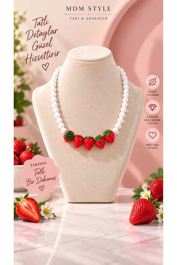 Strawberry Figured Beaded Necklace - White
