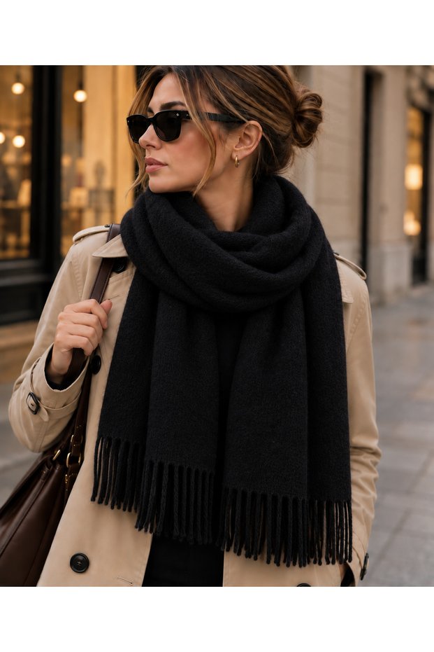 Women's Tasseled Soft Textured Winter Scarf Long Shawl Scarf - Black