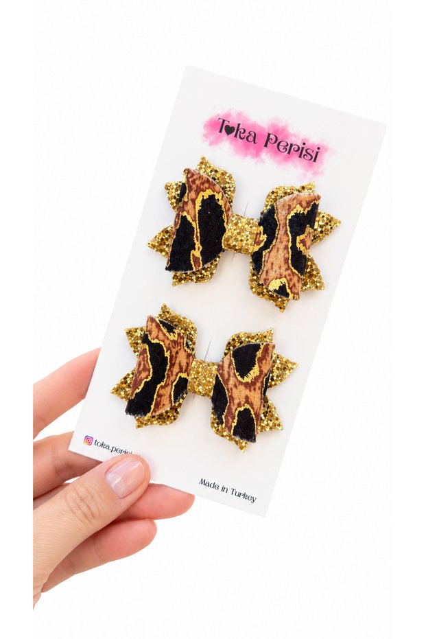 Gold Leopard Luna Lady Silvery Glitter Bow Clip Buckle