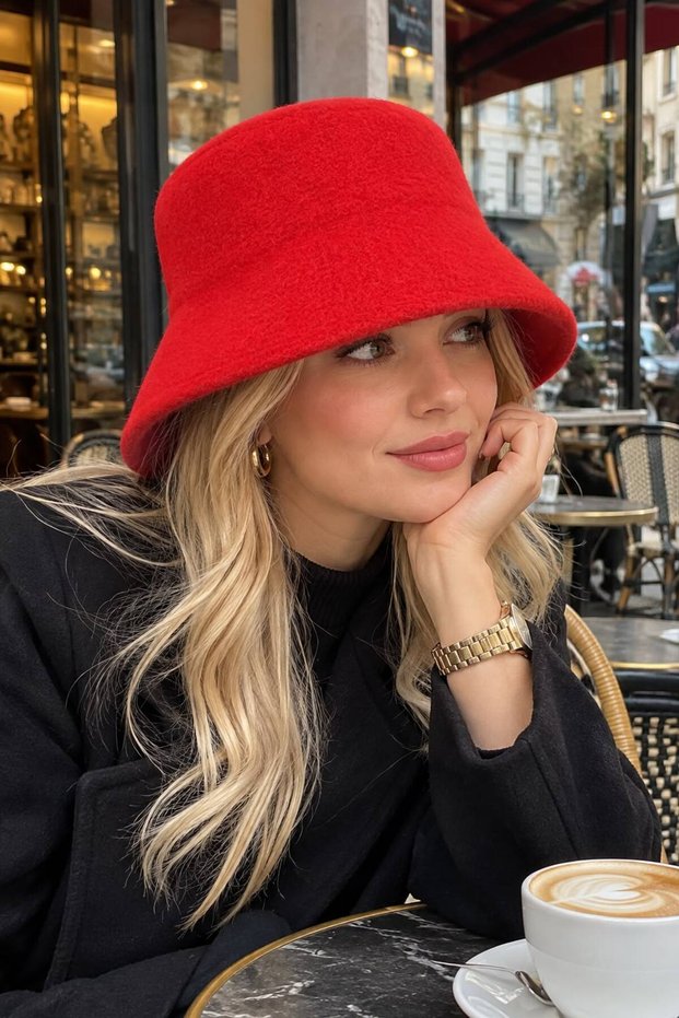 Red Soft Textured Felt Bucket Women's Hat