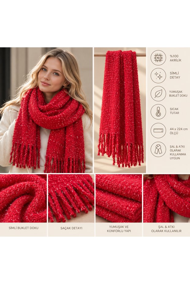 Women's Silvery Boucle Tasseled Thick Winter Scarf Shawl 44X224 cm - Red