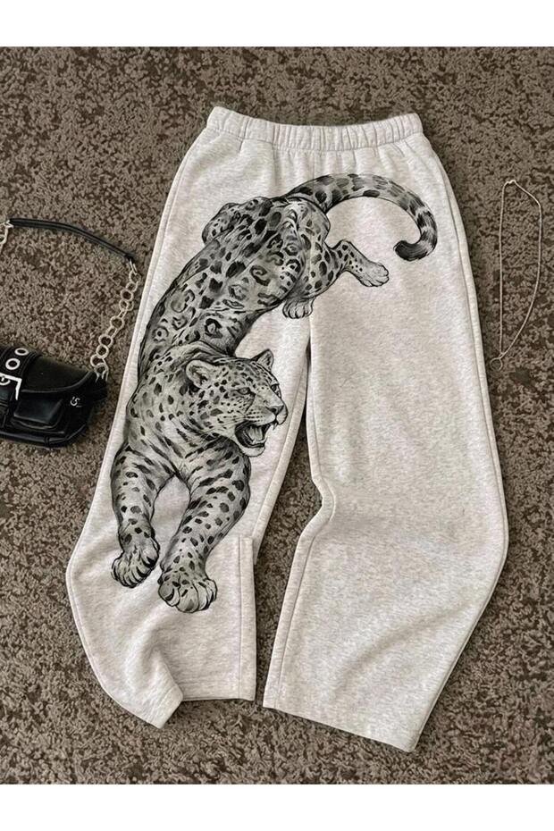 Gray Melange Leopard Wide Leg Unisex Harajuku Sweatpants