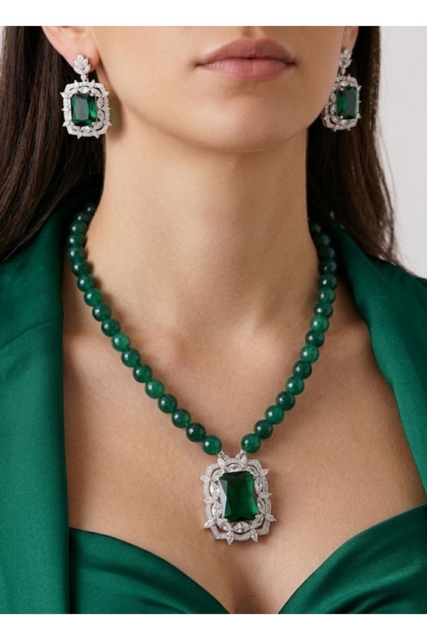 Emerald Necklace Earrings Evening Dress Set