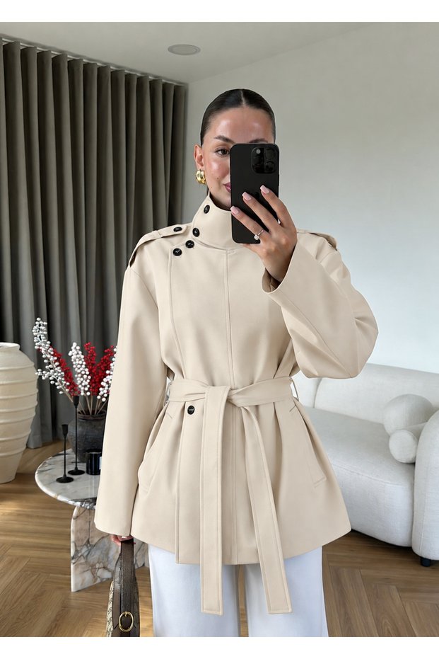 White Stand Collar Belted Trench Coat