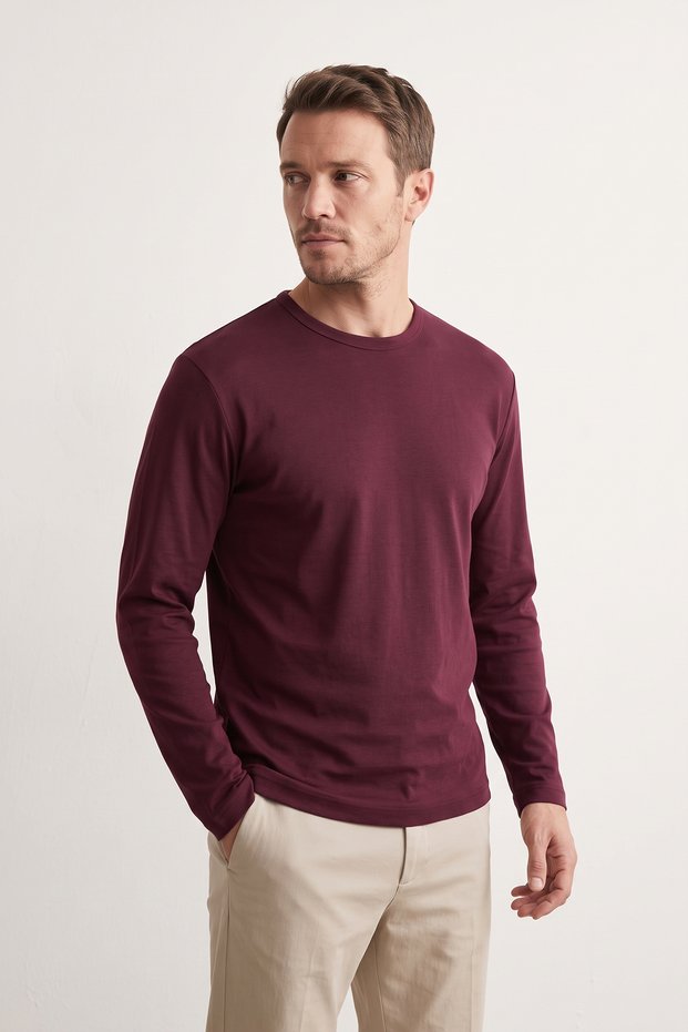 100% Cotton Single Jersey Basic Men's T-Shirt Compact Combed Cotton Soft Fabric Regular Fit Anti-Sweat Long Sleeve Burgundy Sportsman Biker T-Shirt Body