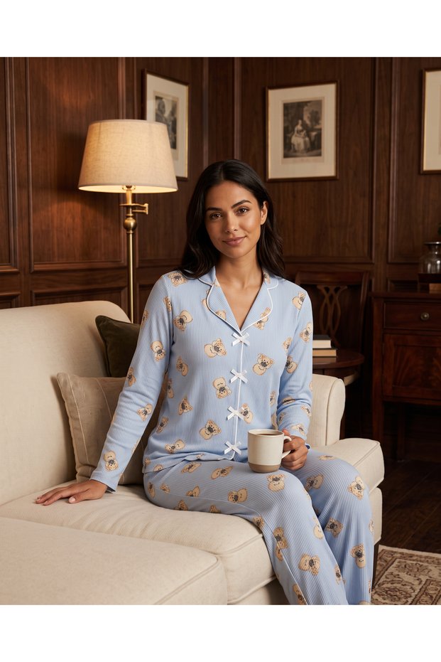 Women's Long Sleeve Shirt Collar Single Jersey Fabric Cotton Teddy Bear Patterned Pajama Set - Light Blue