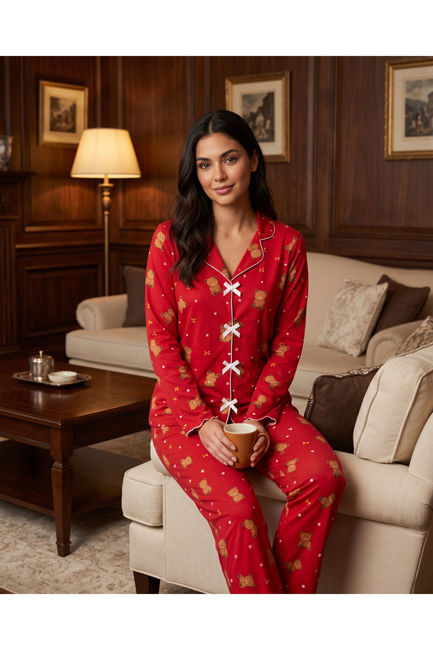 Women's Long Sleeve Shirt Collar Single Jersey Fabric Cotton Teddy Bear Patterned Pajama Set - Red