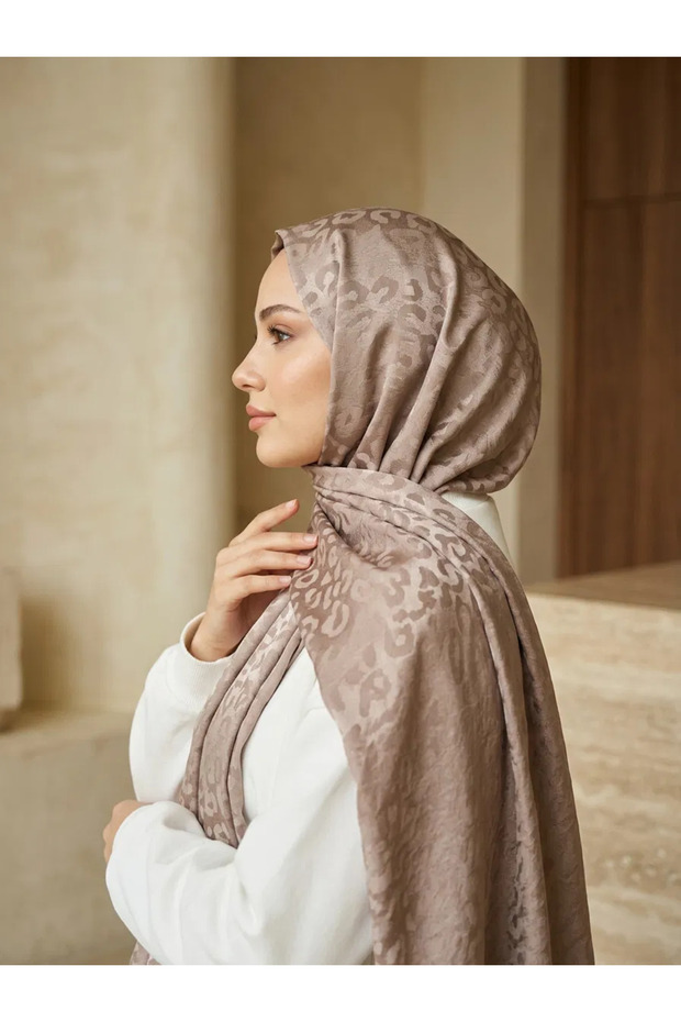 Leopard Patterned Cotton Jacquard Shawl Mi̇ra Series Mink Color