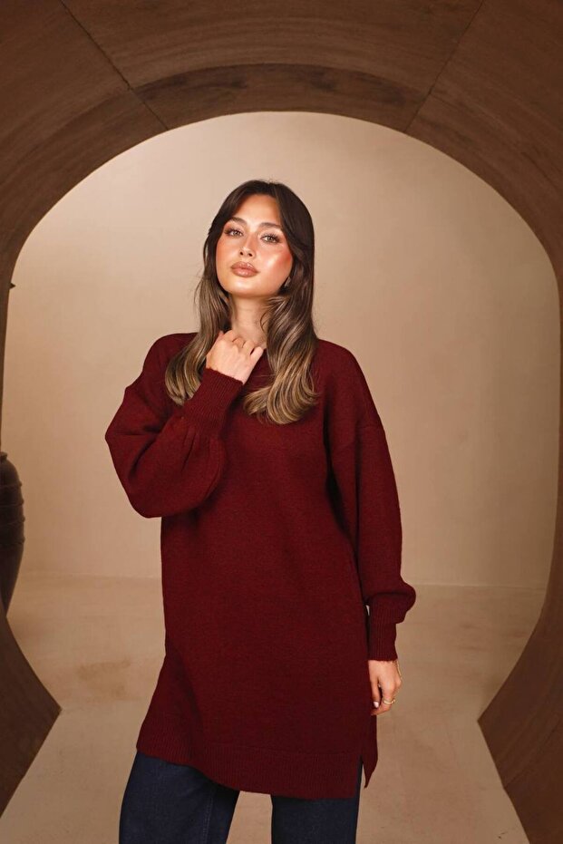 Women's Crew Neck Loose Cut Basic Soft Knitwear Tunic 8553 Claret Red