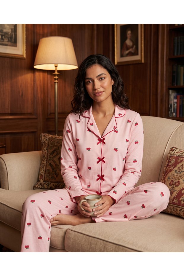 Women's Long Sleeve Shirt Collar Single Jersey Fabric Cotton Cherry Pattern Pajama Set - Pink