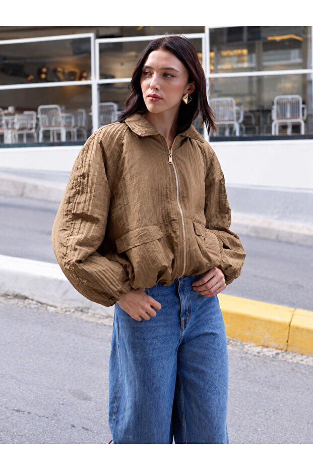 Wrinkled Textured Parachute Fabric Oversize Camel Coat