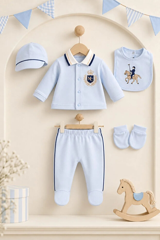 Baby Boy Polo Collar Embroidered Hat Set of 5 Hospital Discharge Set 100% Cotton
