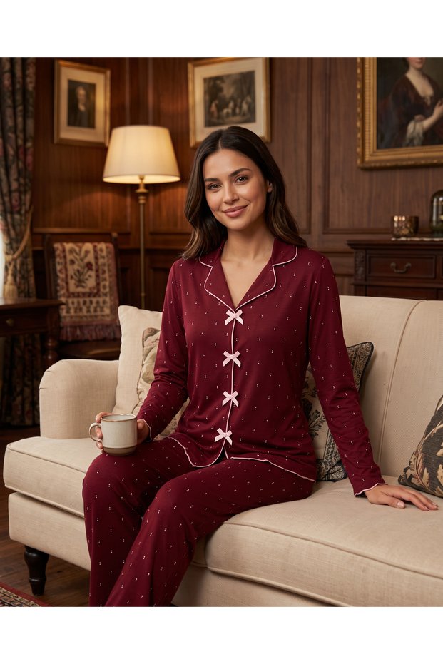 Women's Long Sleeve Shirt Collar Single Jersey Fabric Cotton Mini Patterned Pajama Set - Burgundy