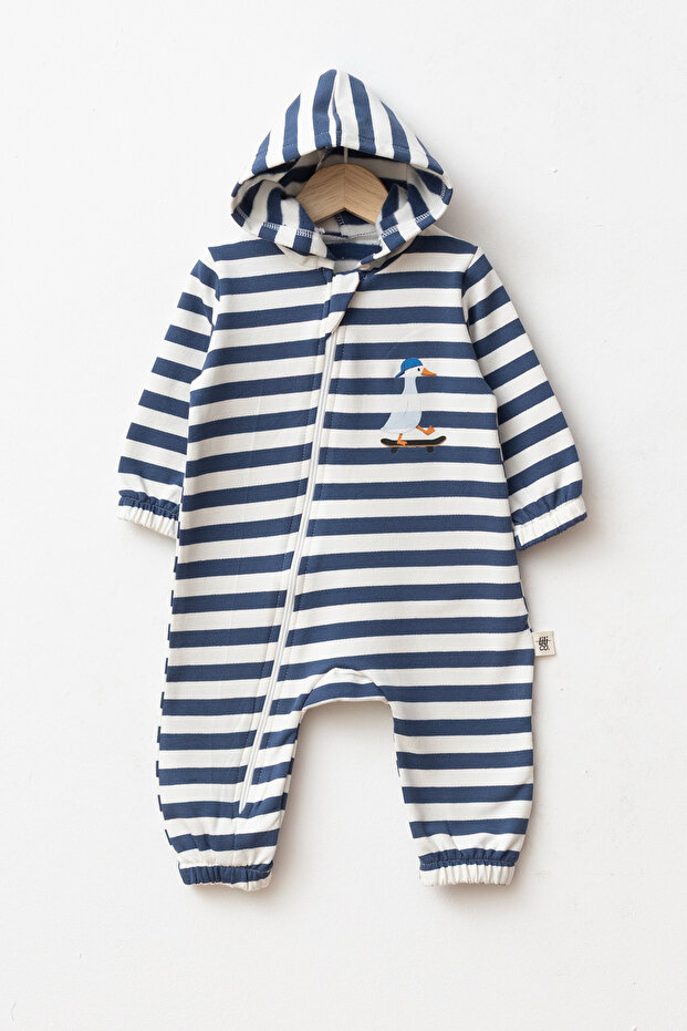 100% Cotton Hooded Duck Patterned Long Sleeve Baby Romper with Elastic Cuffs and Zipper Throughout