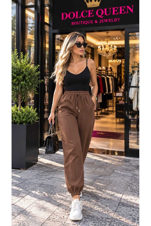 Women's Brown Elastic Waist Lace-Up Jogger Pants