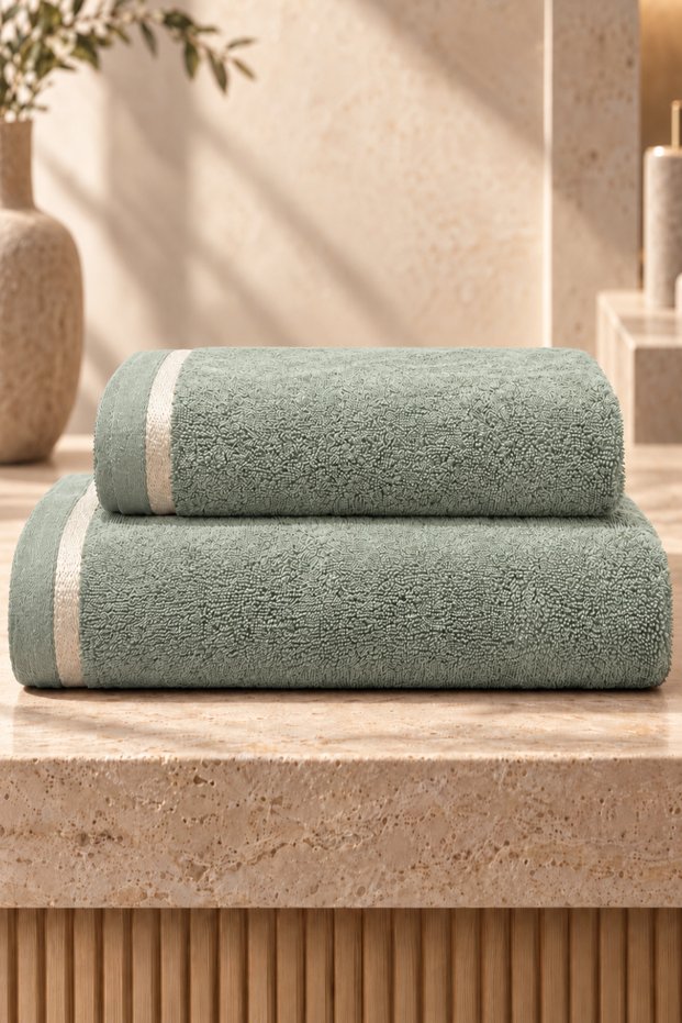 Leafy 2-Piece Luxury Bath Towel Set (50X100 & 70X140 cm) | 710 Gr, 100% Cotton, Soft Textured Towel Set with Stripe Detail