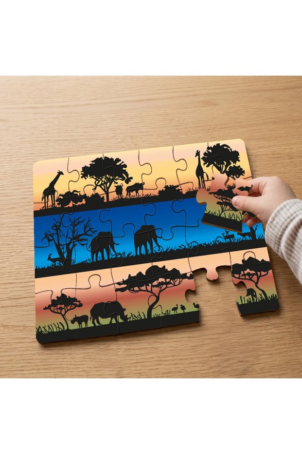 24 Piece Wooden Children's Puzzle with Camel, Elephant and Hippo Silhouette Design Mpk1061