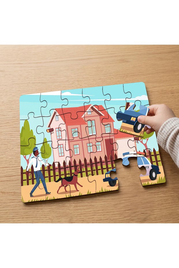 Dog Walking Man - 24 Piece Wooden Children's Puzzle with Police Car Design Mpk0536