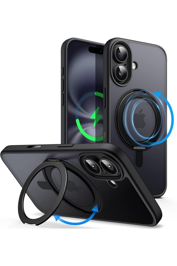 Geetek 360도 회전 링 홀더 케이스 아이폰 16 프로 맥스용, 블랙