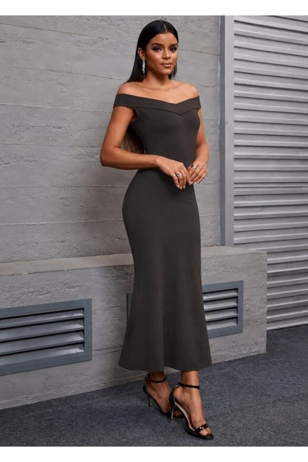 Women's Madonna Collar Off-The-Shoulder Diver Fabric Fish Midi Length Evening Dress