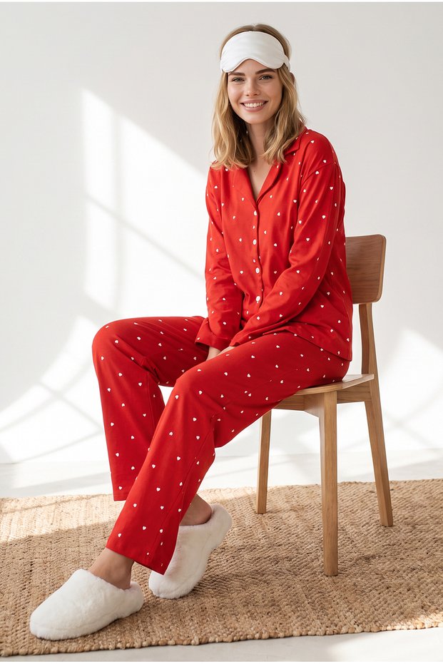 Women's Red Heart Buttoned Long Sleeve 100% Cotton Pajama Set Pjm-00000030