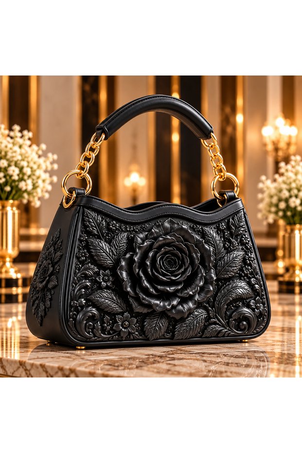 Black Rose 3D Relief Design Women's Hand and Shoulder Bag with Gold Chain Detail – Special Design