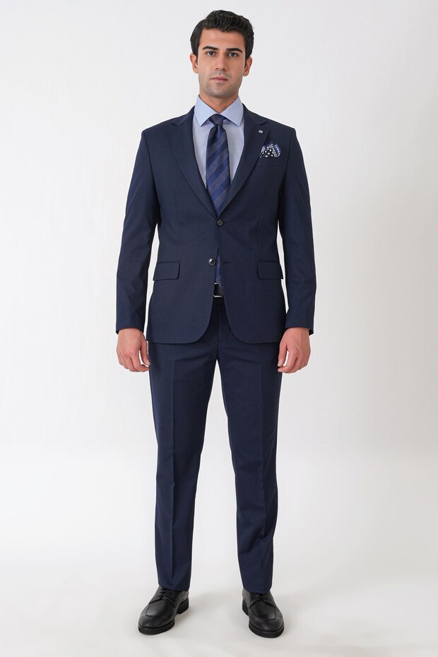 Slim Fit Mono Collar Double Slit Flexible Wool Navy Blue Suit Tk 947