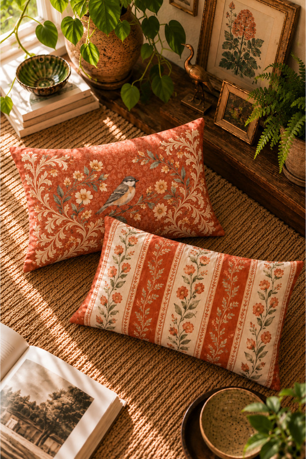 Terracotta Melody Bird and Flower Patterned Set of 2 Decorative Throw Pillow Covers | Vintage Botanical Home Decor