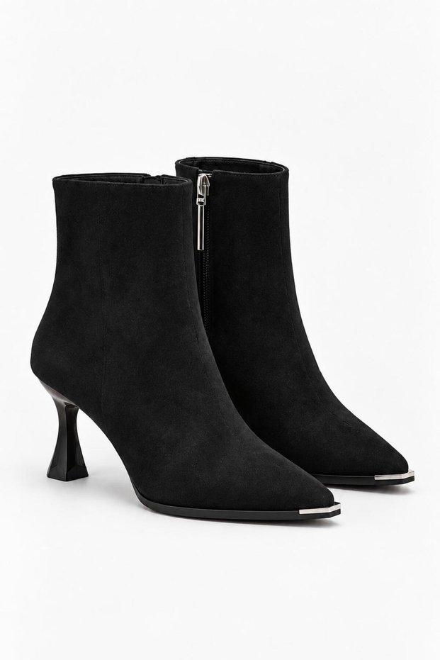 Women's Casual Elegant Black Suede Boots & Booties with Stainless Steel Detail on the Front