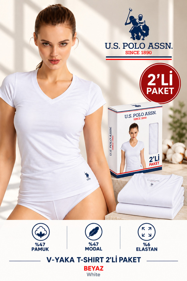 Women'S, Licensed, Uspa, 47% Modal, 47% Cotton, 6% Elastane, V-Neck T-Shirt, Short Sleeve, Undershirt, Comfort, Plain, Set of 2