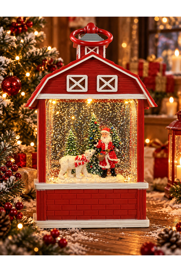 Can-Süs Illuminated Christmas Lantern with Santa Claus and Polar Bear Figures – Decorative Home with Snow Effect