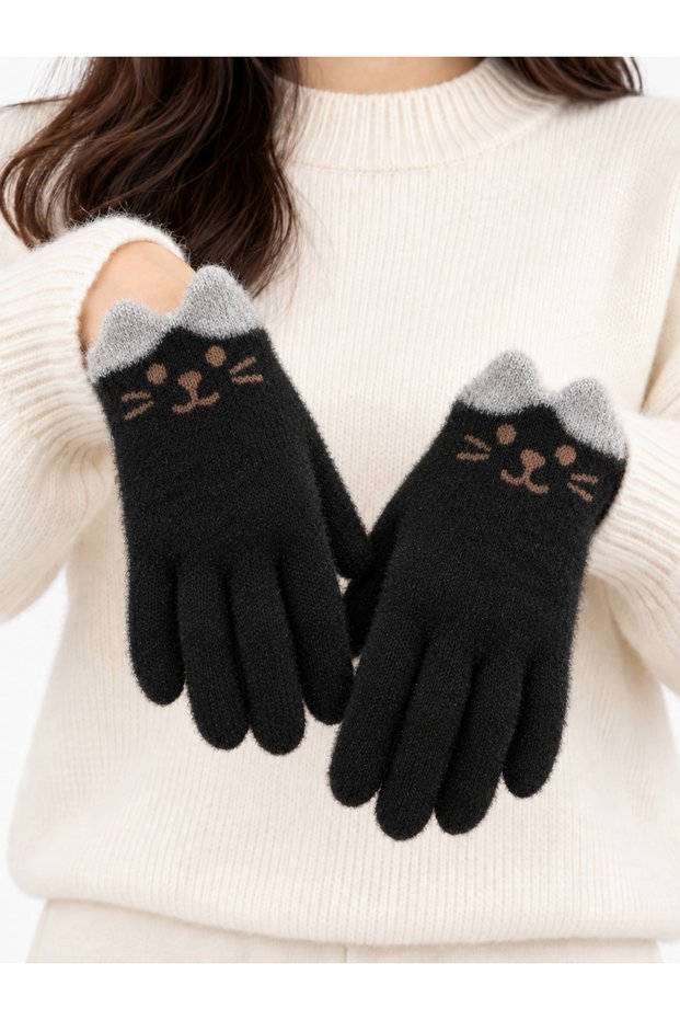 Cute Cat Ears Hello Kittyyy Patterned Angora Gloves Women's Teen Girls' Flexible Five-Fingered Winter Gloves