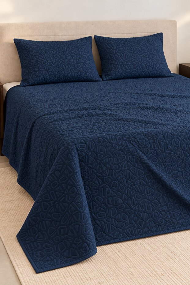 Mosaic Geometric Patterned Double Bedspread Set Dark Navy Blue 240×260 cm – 2 Pillows