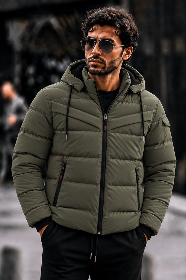 Men's Hooded Thick Winter Khaki Puffer Coat