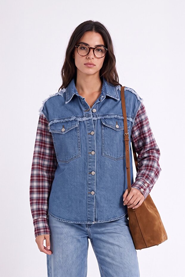 Plaid Sleeve Denim Shirt
