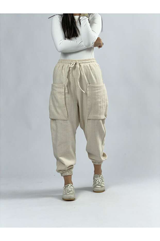 Design Large Pocket Ecru Women's Jogger Pants Coc3588