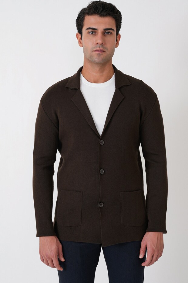 Comfort Fit Flexible Wool Buttoned Brown Knitwear Jacket 05