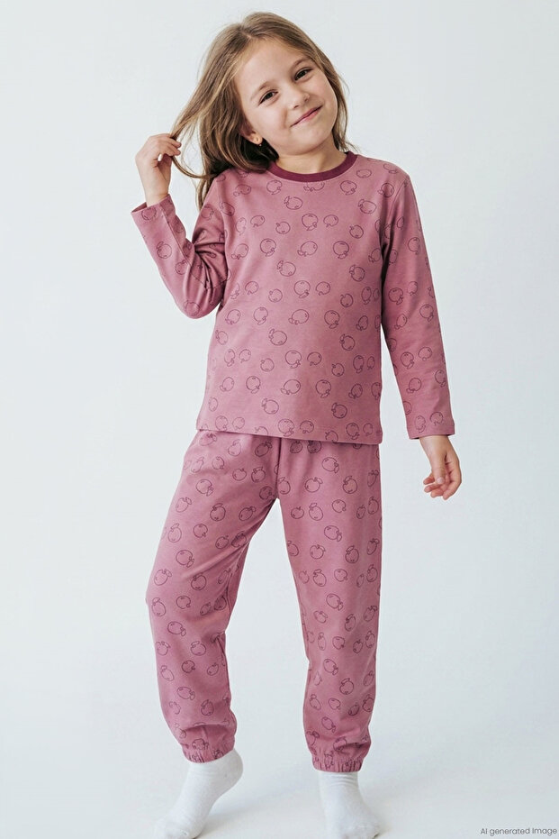 Girl's Pajama Set with Apple Pattern and Elastic Waistband, Ages 4-8, Dried Rose