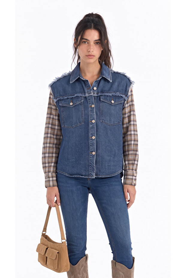 Plaid Sleeve Denim Shirt