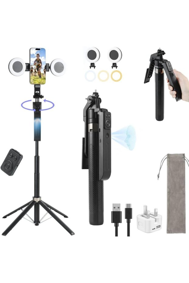 Selfie Stick 70.9" Auto Face Tracking Phone Stand 360° AI Rotation with Lights, iPhone Tr