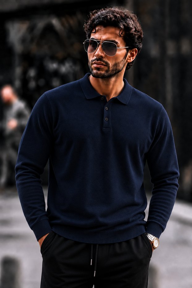 Men's Polo Collar Buttoned Regular Fit Navy Blue Sweater