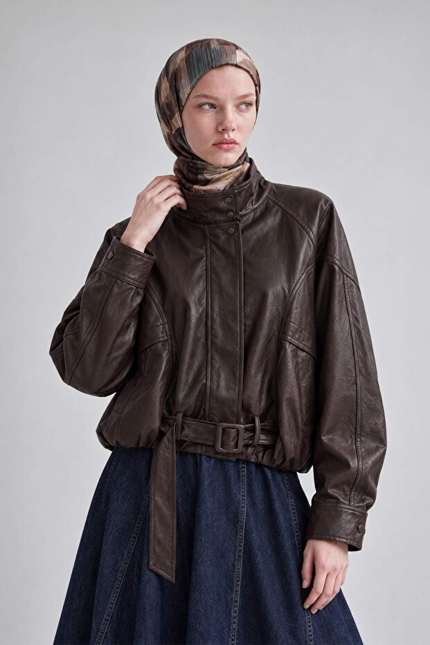 Belted Bomber Leather Jacket Dark Brown