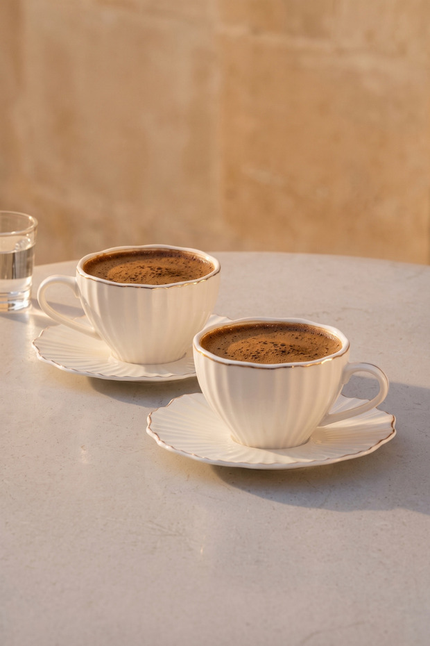 Alba Gold Edged Porcelain 2-Person Coffee Cup Set Wavy Fluted White Turkish Coffee Cup Set 100 ml