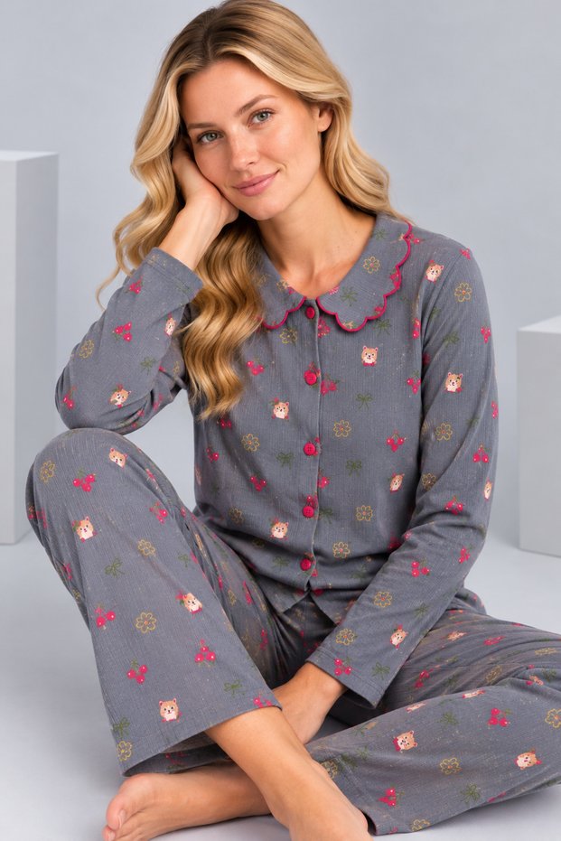 Women's Floral Patterned Baby Collar Buttoned Long Sleeve Muslin Pajama Set