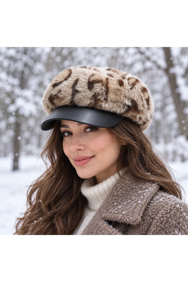 Women's Black Cuffed Angora Hat with Leopard Print