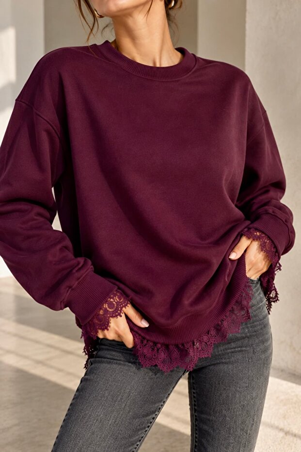 Lace Detailed 3 Thread Embroidered Women's Sweatshirt My3535