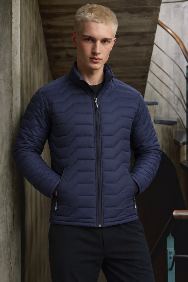 Men's Stand Collar Zippered Navy Blue Puffer Jacket